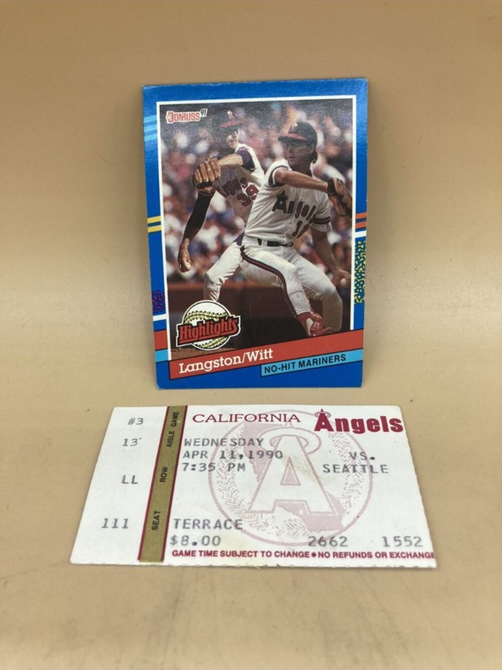 Mark Langston & Mike Witt No Hitter Ticket Stub 1990 Angels-Seattle 4/11/90 Card